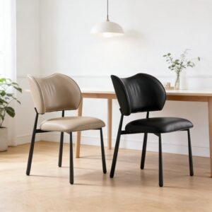 modern genuine leather dining chair with curved padded backrest and sturdy metal legs for home, office, and restaurant use