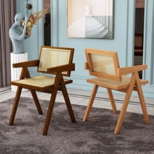 vintage mid century solid wood rattan dining chair armrests, nordic wicker accent chair for home, japandi style leisure chair