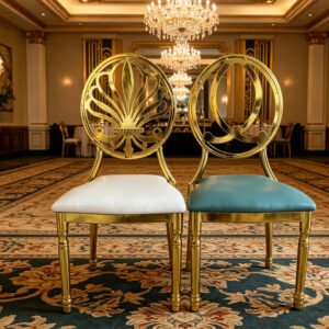 hotel gold round back white luxury modern home office wedding dining party event banquet stackable stainless steel chair